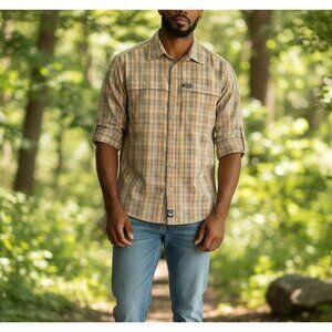 Wrangler Outdoor Series Mens Medium Beige Plaid Button Up Roll Tab UPF Shirt